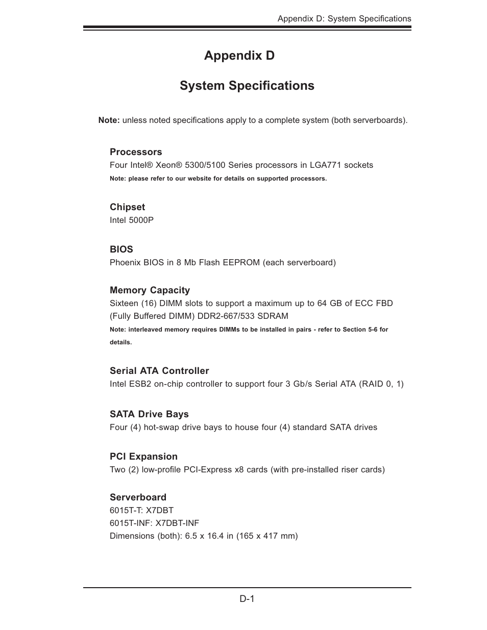 Appendix d system speciﬁ cations | SUPER MICRO Computer SUPERSERVER 6015T-INF User Manual | Page 111 / 114