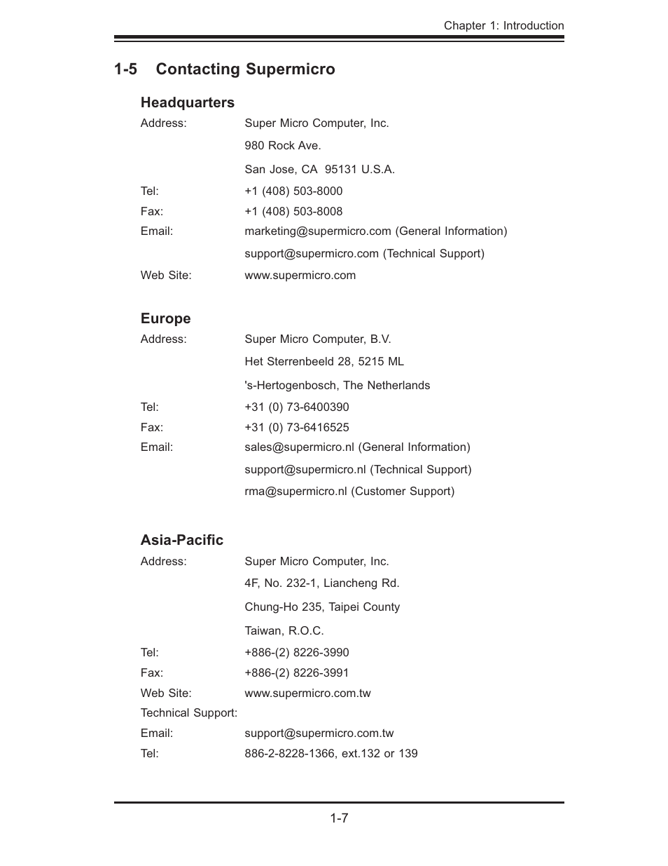 5 contacting supermicro, Headquarters, Europe | Asia-paciﬁ c | SUPER MICRO Computer SUPERSERVER 6015T-INF User Manual | Page 17 / 114