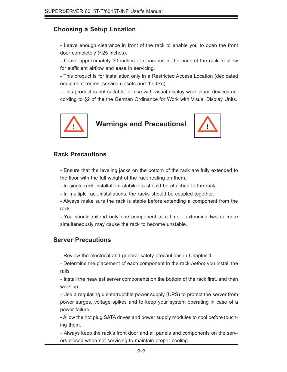 Warnings and precautions | SUPER MICRO Computer SUPERSERVER 6015T-INF User Manual | Page 20 / 114