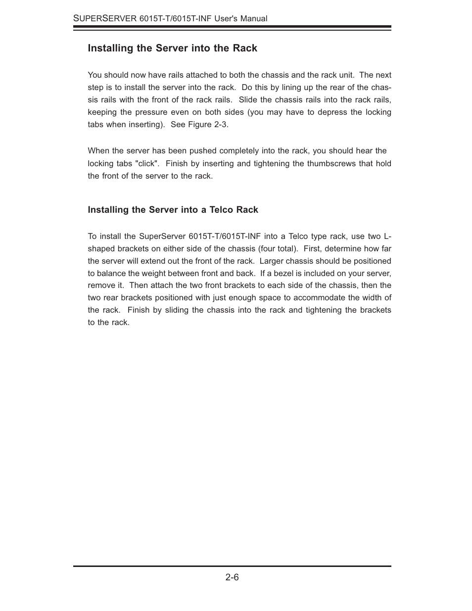 Installing the server into the rack | SUPER MICRO Computer SUPERSERVER 6015T-INF User Manual | Page 24 / 114