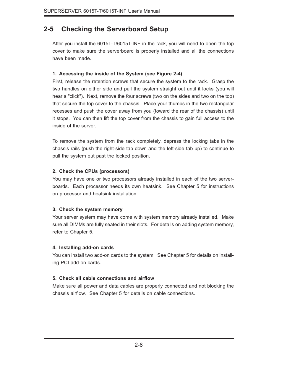 5 checking the serverboard setup | SUPER MICRO Computer SUPERSERVER 6015T-INF User Manual | Page 26 / 114