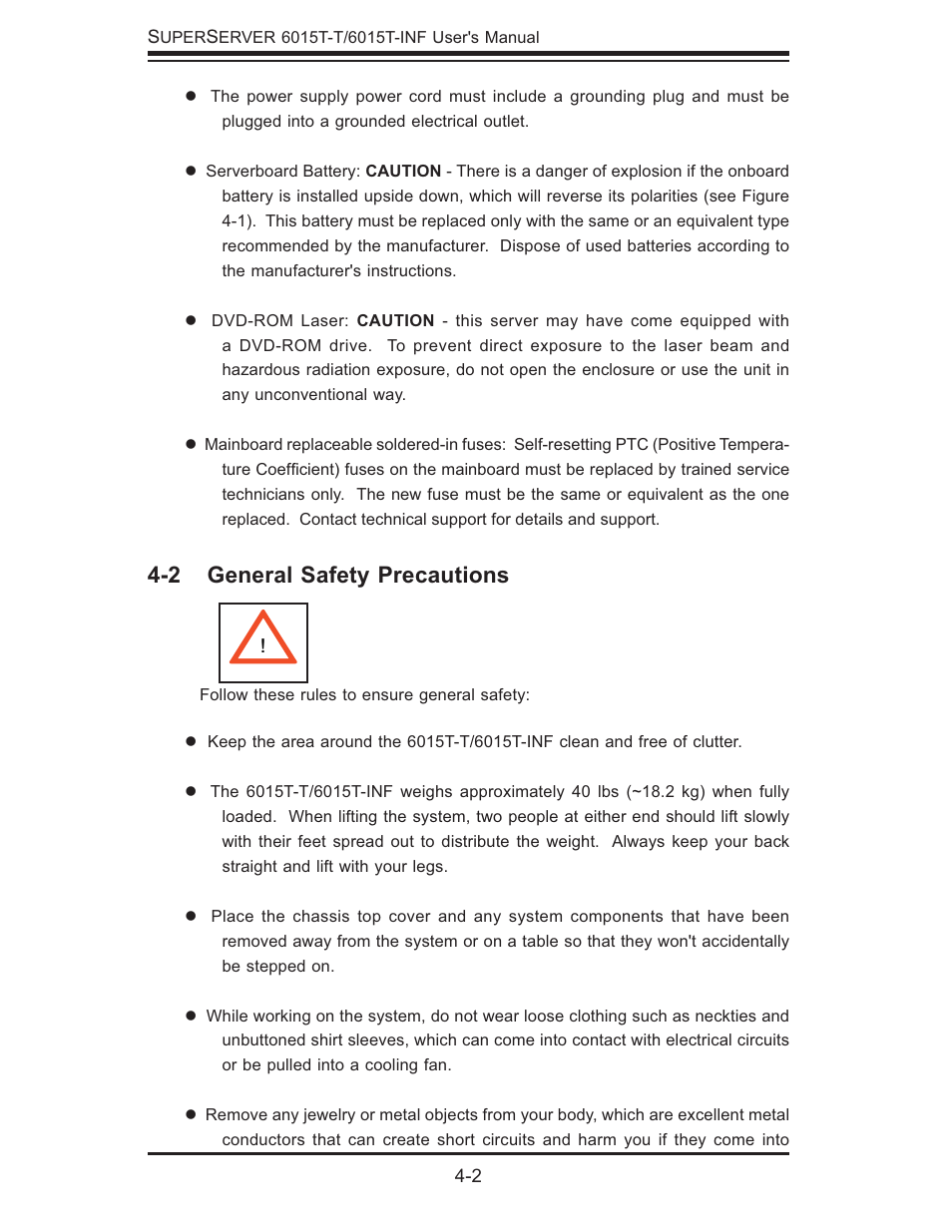 2 general safety precautions | SUPER MICRO Computer SUPERSERVER 6015T-INF User Manual | Page 34 / 114