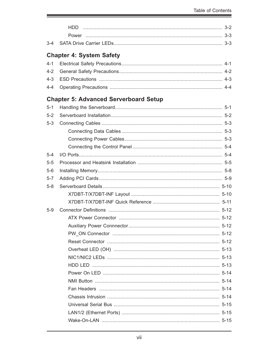 Chapter 4: system safety, Chapter 5: advanced serverboard setup | SUPER MICRO Computer SUPERSERVER 6015T-INF User Manual | Page 7 / 114