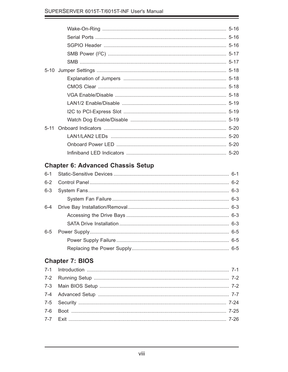 Chapter 6: advanced chassis setup, Chapter 7: bios | SUPER MICRO Computer SUPERSERVER 6015T-INF User Manual | Page 8 / 114