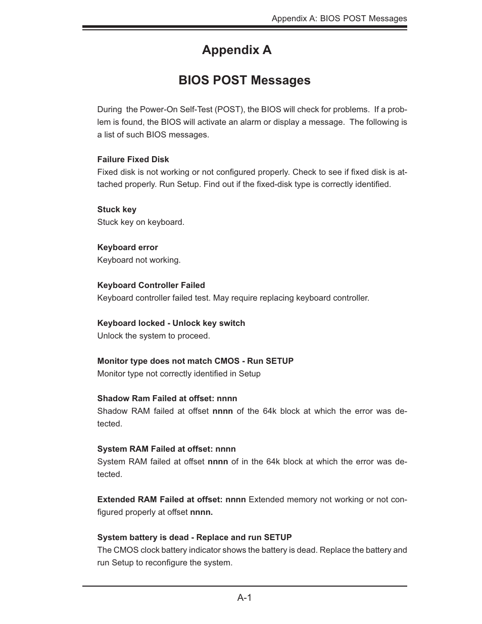 Appendix a bios post messages | SUPER MICRO Computer SUPERSERVER 6015T-INF User Manual | Page 89 / 114