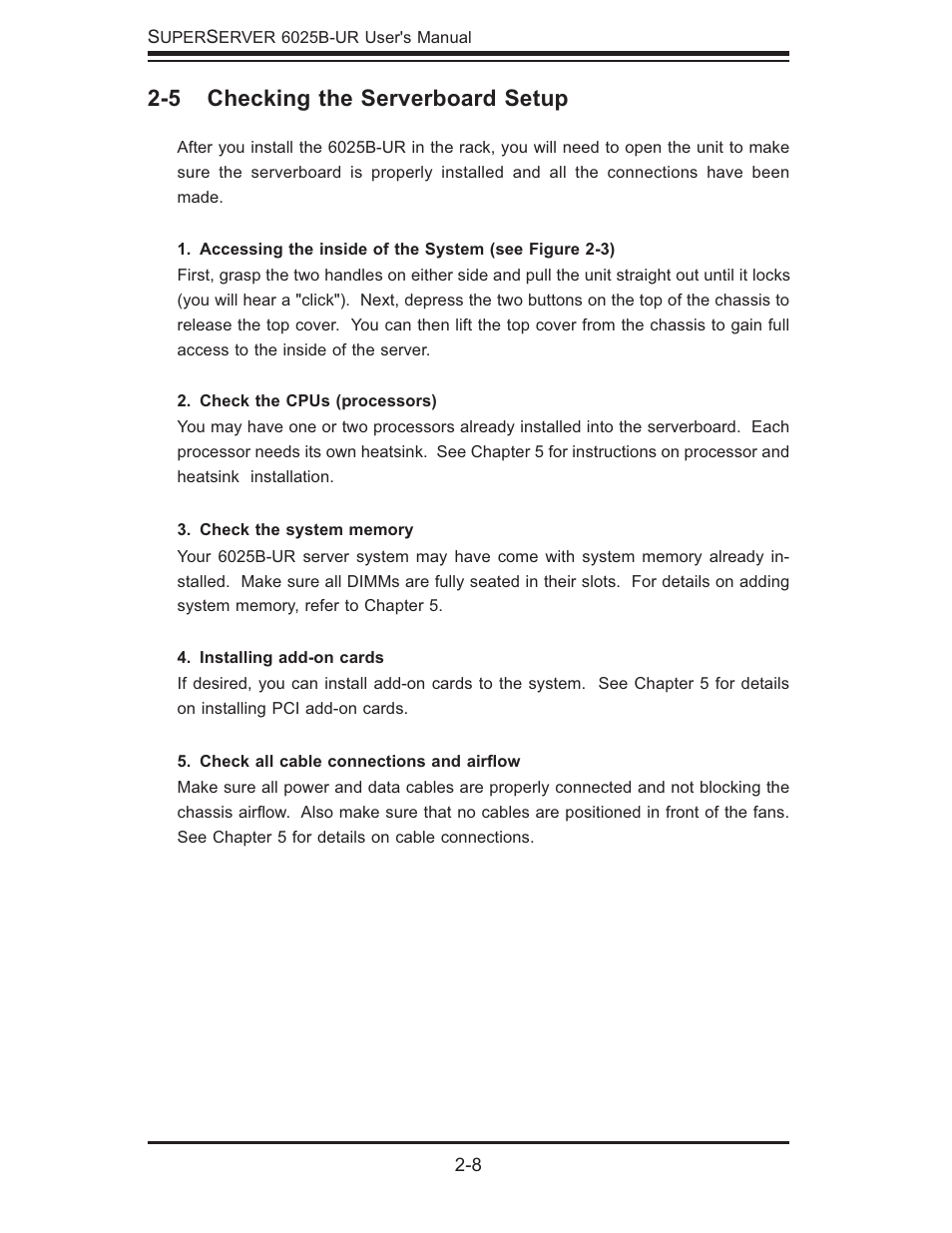 5 checking the serverboard setup | SUPER MICRO Computer 6025B-UR User Manual | Page 24 / 122