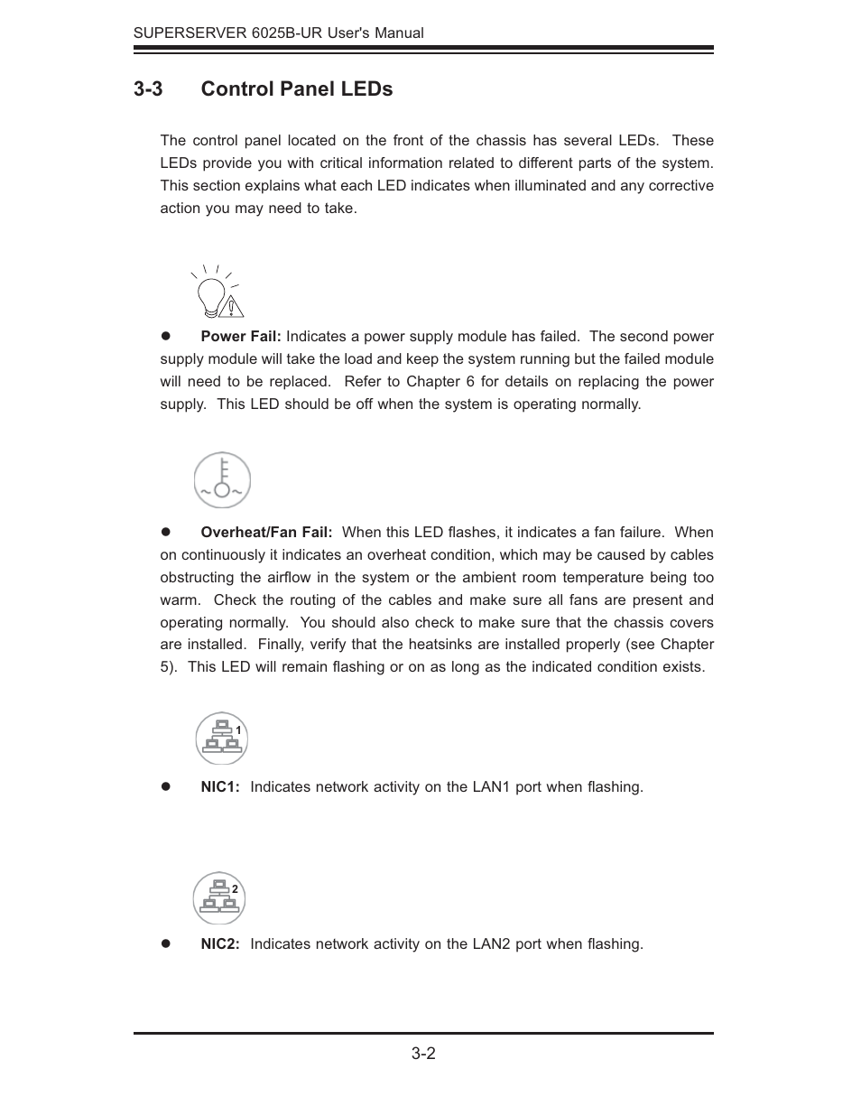 3 control panel leds | SUPER MICRO Computer 6025B-UR User Manual | Page 28 / 122
