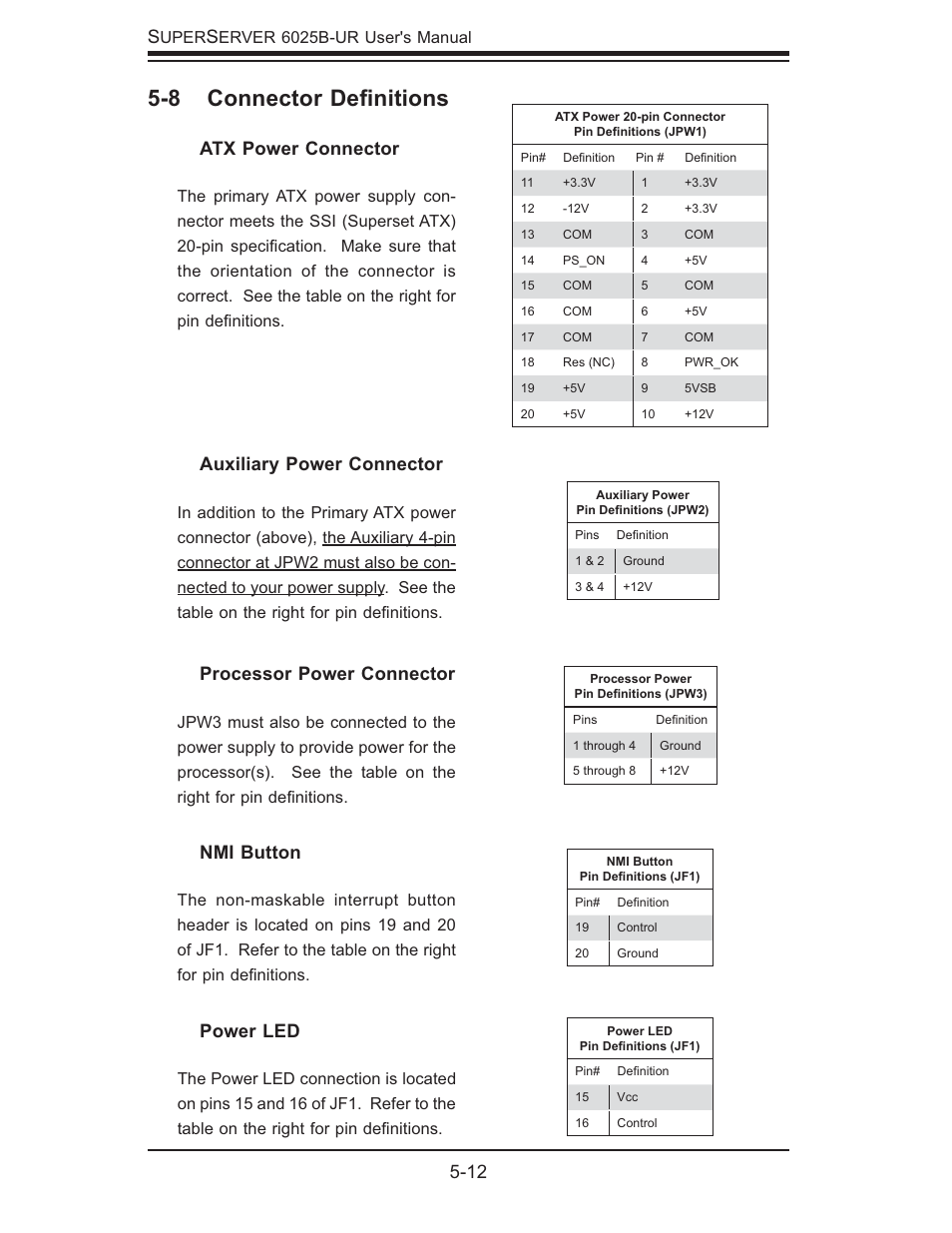 8 connector deﬁ nitions, 12 s, Power led | Atx power connector, Nmi button, Auxiliary power connector, Processor power connector | SUPER MICRO Computer 6025B-UR User Manual | Page 46 / 122
