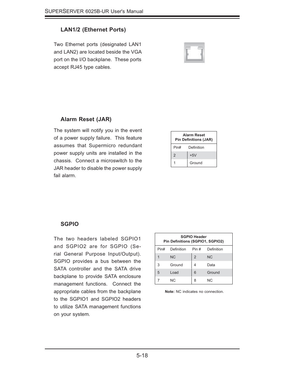 18 s, Lan1/2 (ethernet ports), Sgpio | Alarm reset (jar) | SUPER MICRO Computer 6025B-UR User Manual | Page 52 / 122