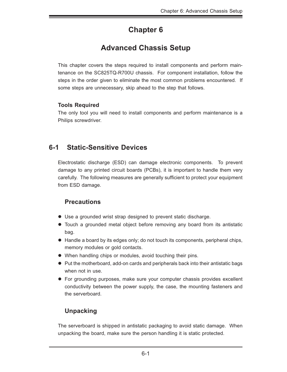 Chapter 6 advanced chassis setup, 1 static-sensitive devices | SUPER MICRO Computer 6025B-UR User Manual | Page 59 / 122