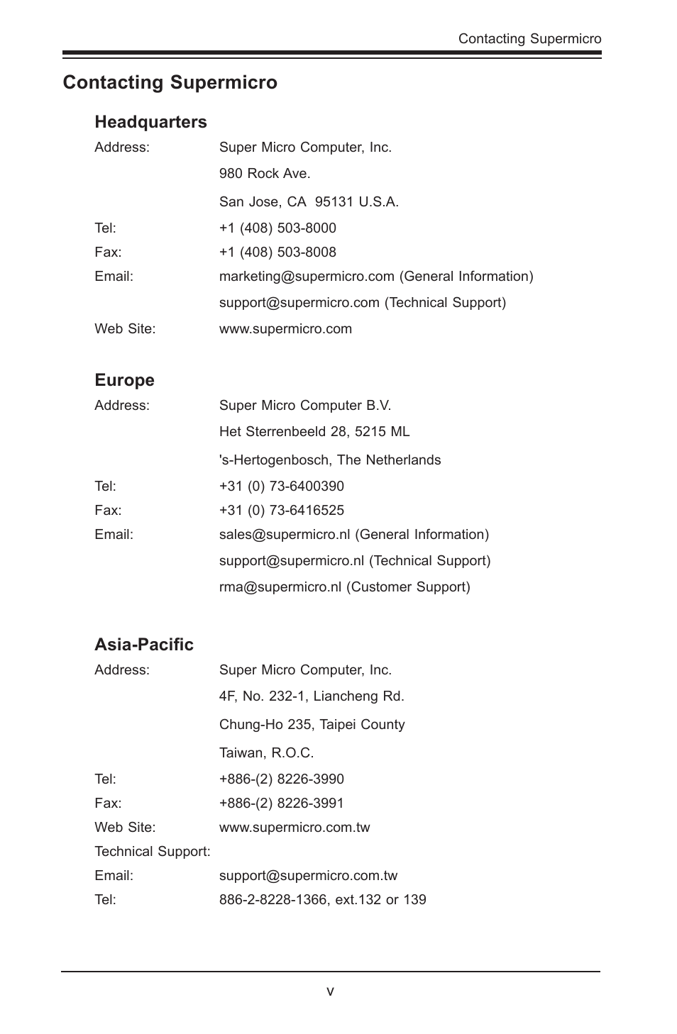 Contacting supermicro, Headquarters, Europe | Asia-pacific | SUPER MICRO Computer SUPERO X8SIA-F User Manual | Page 4 / 109