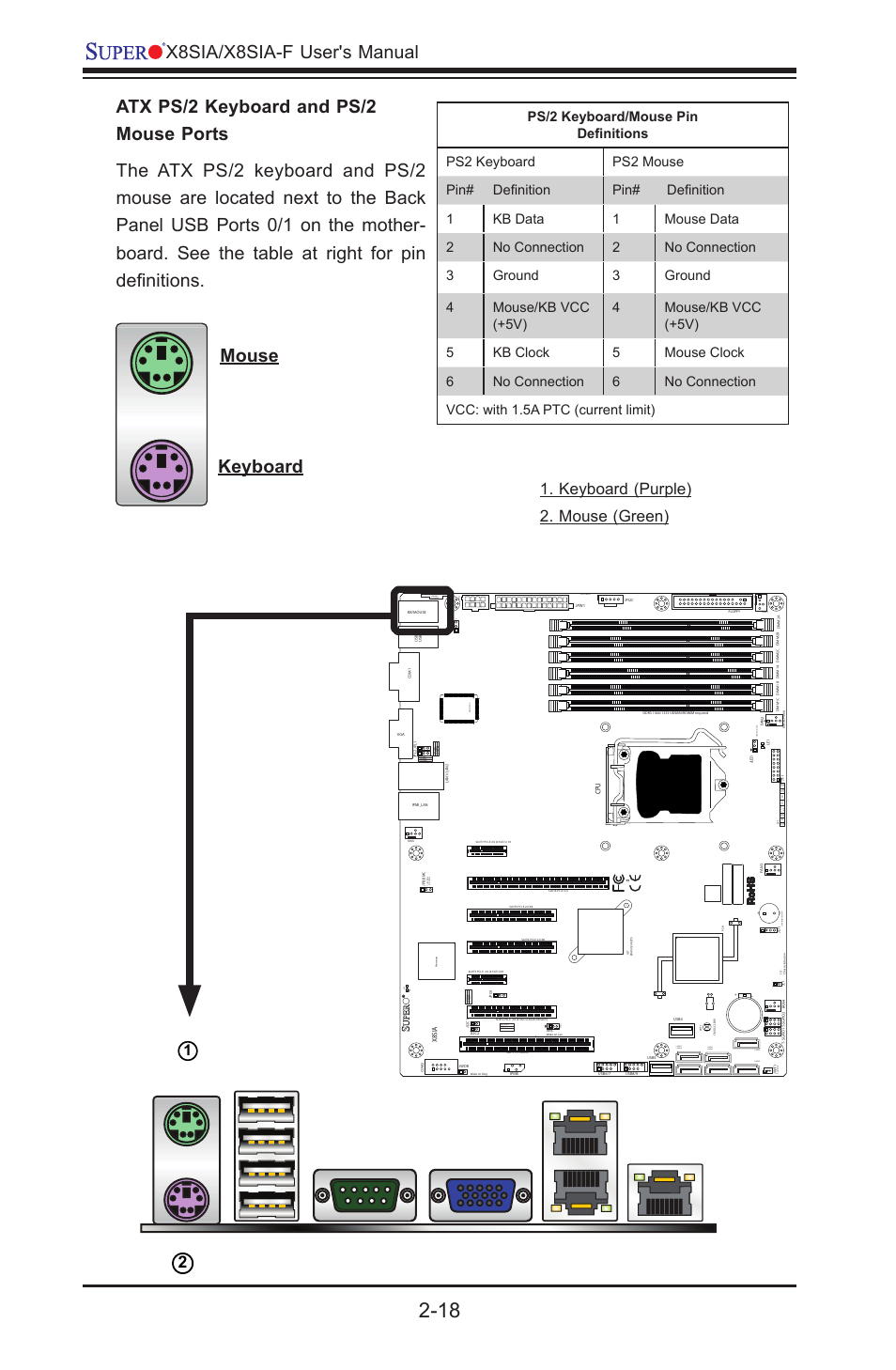 X8sia/x8sia-f user's manual, Keyboard mouse, Keyboard (purple) 2. mouse (green) | Jpw2, Jwol, Fail pwr dom pwr, I-sata4 i-sata3 uid, Jpi2c:pwr i2c jspk :buzz er/speaker, 3:disable 1-2:enable, Jpg1: vga | SUPER MICRO Computer SUPERO X8SIA-F User Manual | Page 44 / 109