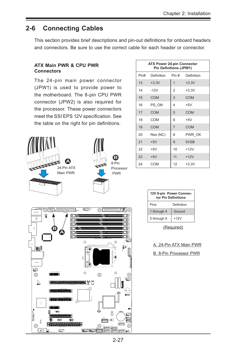 6 connecting cables, Chapter 2: installation, A. 24-pin atx main pwr b. 8-pin processor pwr a b | Required), Jpw2, Jwol, Fail pwr dom pwr, I-sata4 i-sata3 uid, Jpi2c:pwr i2c jspk :buzz er/speaker, 3:disable 1-2:enable | SUPER MICRO Computer SUPERO X8SIA-F User Manual | Page 53 / 109