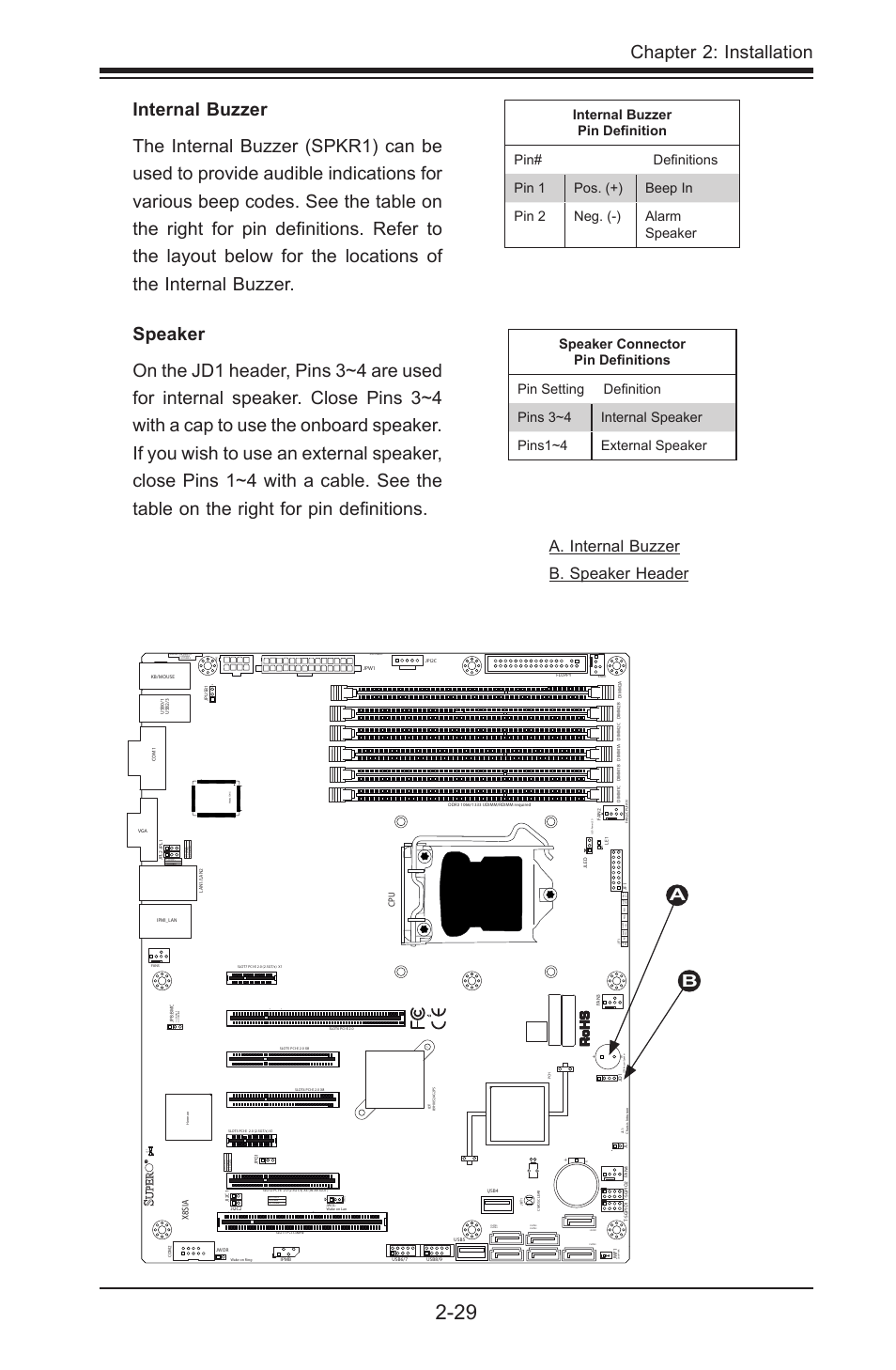 Chapter 2: installation, A. internal buzzer b. speaker header, X8sia | SUPER MICRO Computer SUPERO X8SIA-F User Manual | Page 55 / 109