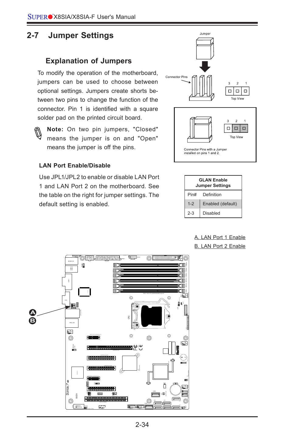 7 jumper settings, Explanation of jumpers, X8sia/x8sia-f user's manual | Aa. lan port 1 enable b. lan port 2 enable, Jpw2, Jwol, Fail pwr dom pwr, I-sata4 i-sata3 uid, Jpi2c:pwr i2c jspk :buzz er/speaker, 3:disable 1-2:enable | SUPER MICRO Computer SUPERO X8SIA-F User Manual | Page 60 / 109