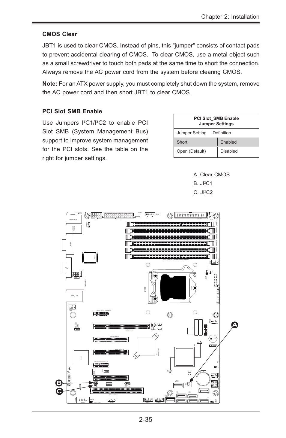 Chapter 2: installation, Pci slot smb enable use jumpers i, C1/i | Aa. clear cmos b. ji, C1 c. ji, C2 b, X8sia | SUPER MICRO Computer SUPERO X8SIA-F User Manual | Page 61 / 109