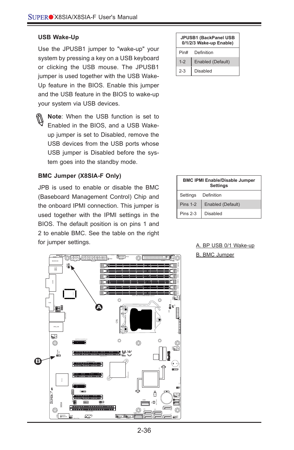X8sia/x8sia-f user's manual, Aa. bp usb 0/1 wake-up b. bmc jumper | SUPER MICRO Computer SUPERO X8SIA-F User Manual | Page 62 / 109