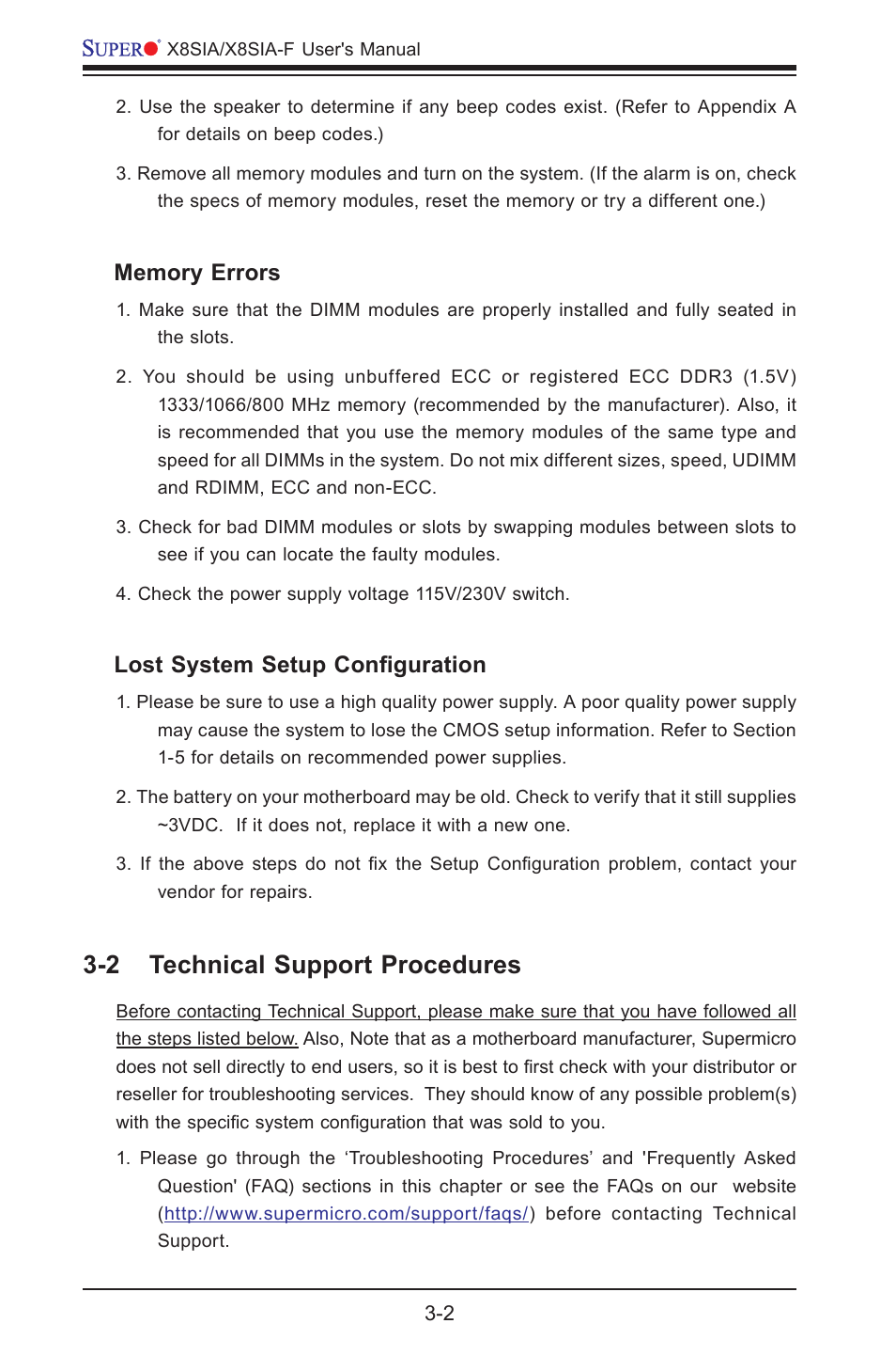2 technical support procedures, Lost system setup configuration | SUPER MICRO Computer SUPERO X8SIA-F User Manual | Page 70 / 109
