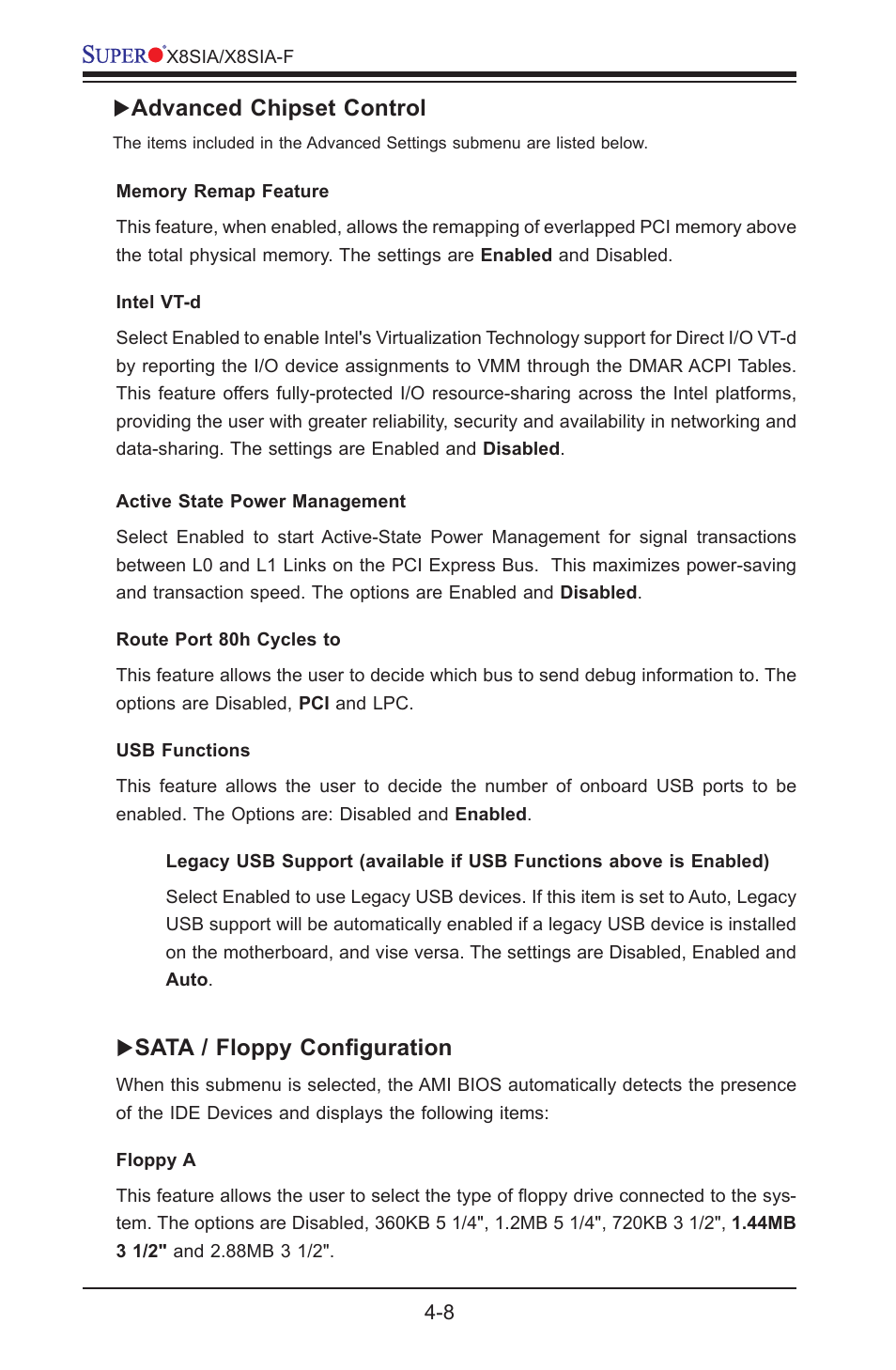 Advanced chipset control, Sata / floppy configuration | SUPER MICRO Computer SUPERO X8SIA-F User Manual | Page 84 / 109