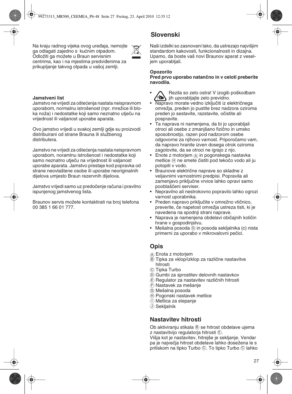 Slovenski, Opis, Nastavitev hitrosti | Braun MR530 Sauce User Manual | Page 26 / 42