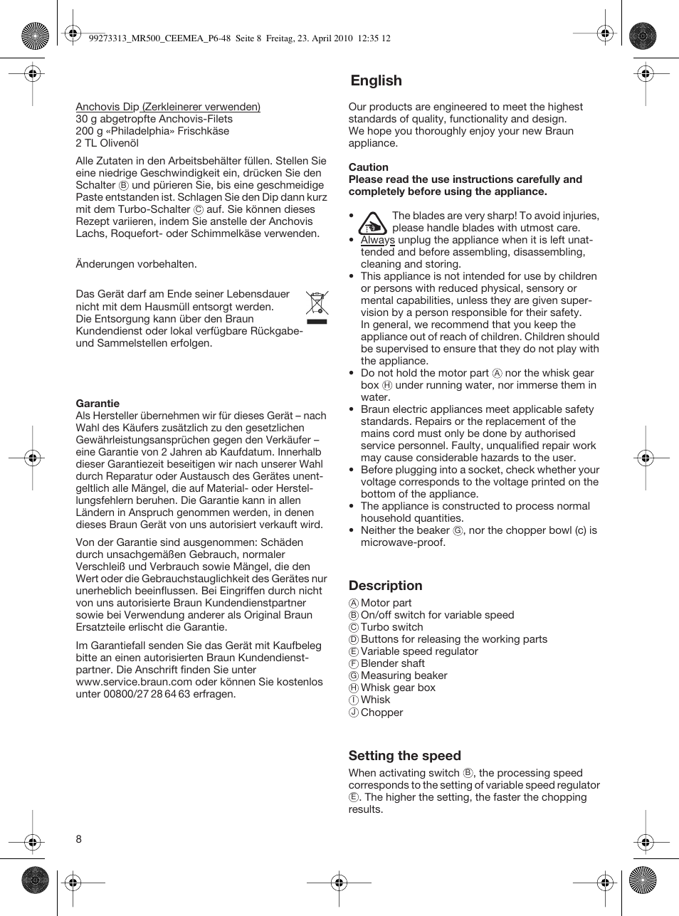 English, Description, Setting the speed | Braun MR530 Sauce User Manual | Page 7 / 42