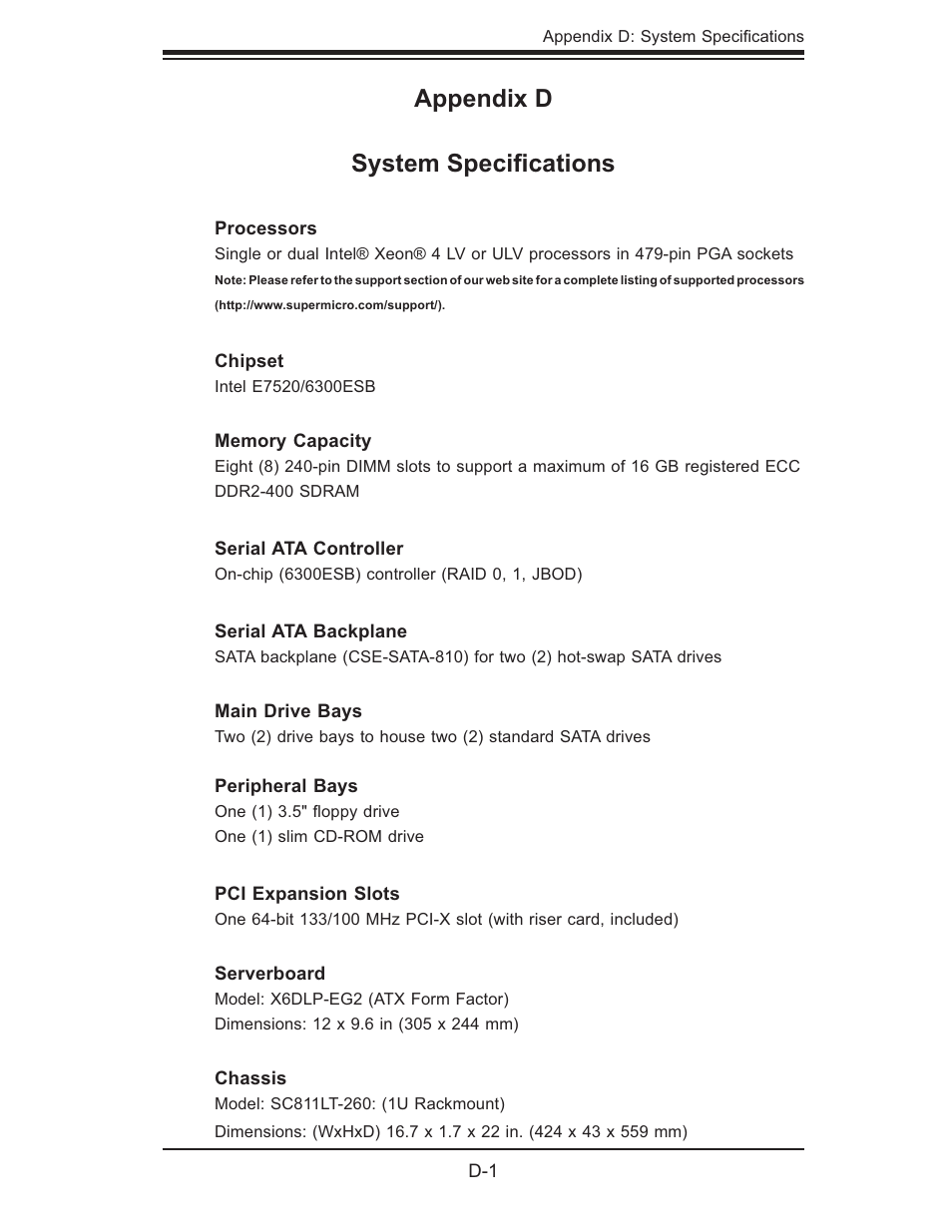 Appendix d system speciﬁ cations | SUPER MICRO Computer SUPERSERVER 6014L-T User Manual | Page 119 / 120