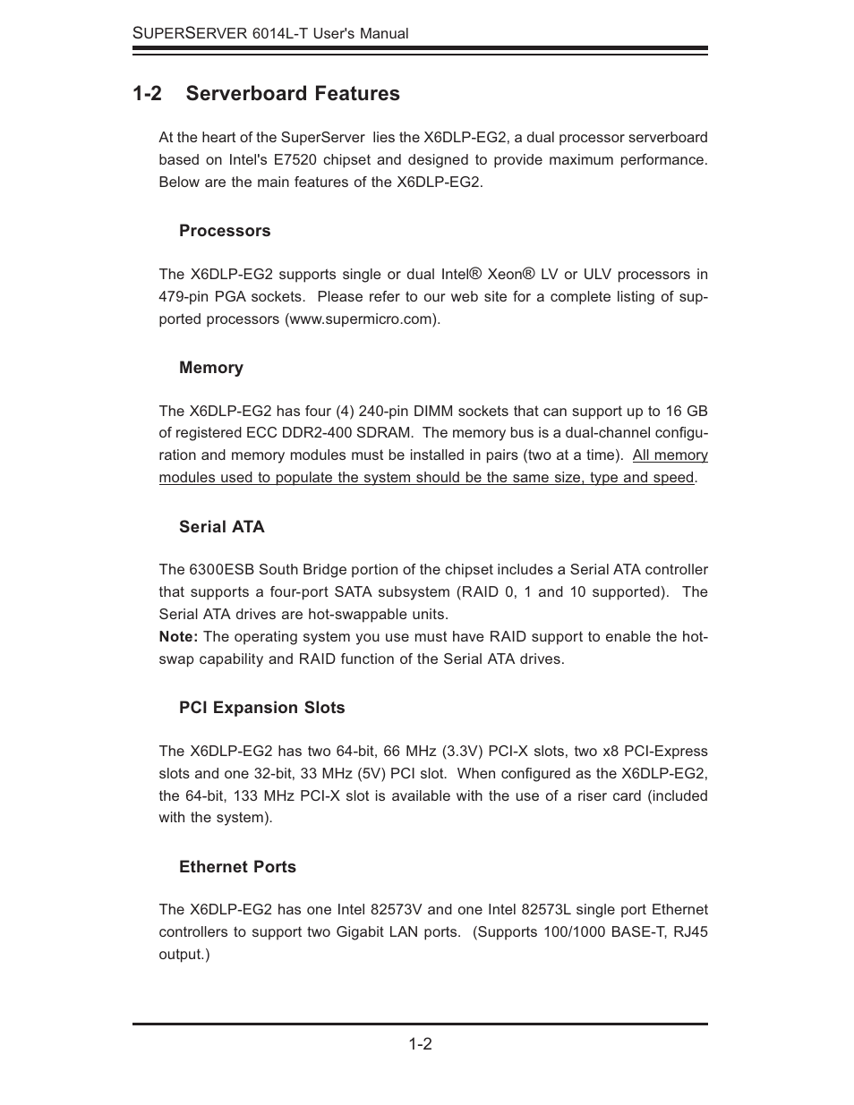 2 serverboard features | SUPER MICRO Computer SUPERSERVER 6014L-T User Manual | Page 12 / 120