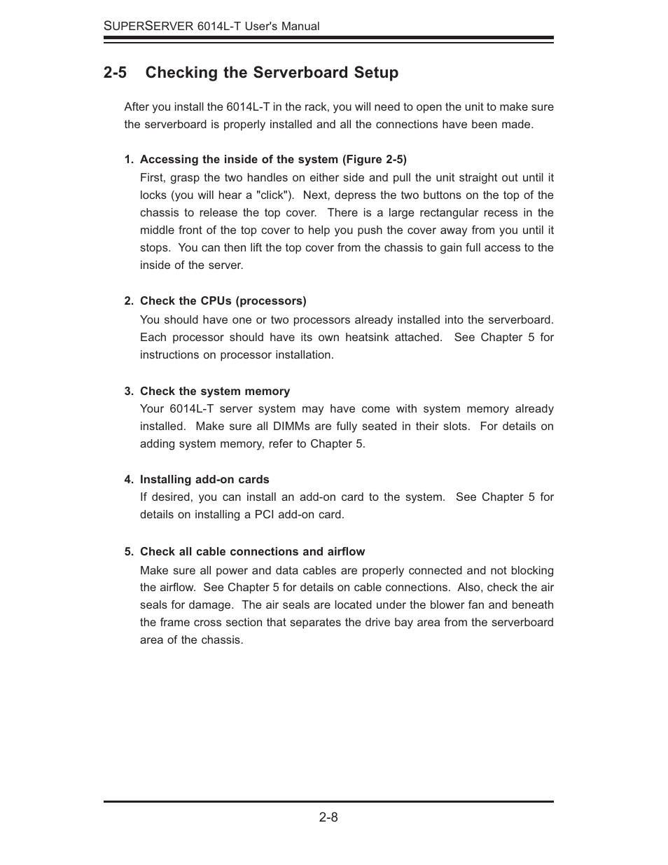 5 checking the serverboard setup | SUPER MICRO Computer SUPERSERVER 6014L-T User Manual | Page 26 / 120