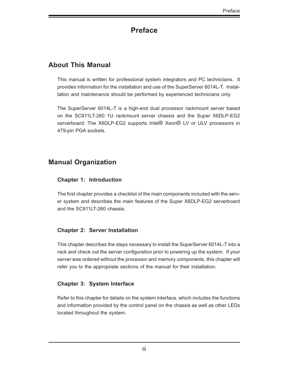 Preface, About this manual, Manual organization | SUPER MICRO Computer SUPERSERVER 6014L-T User Manual | Page 3 / 120