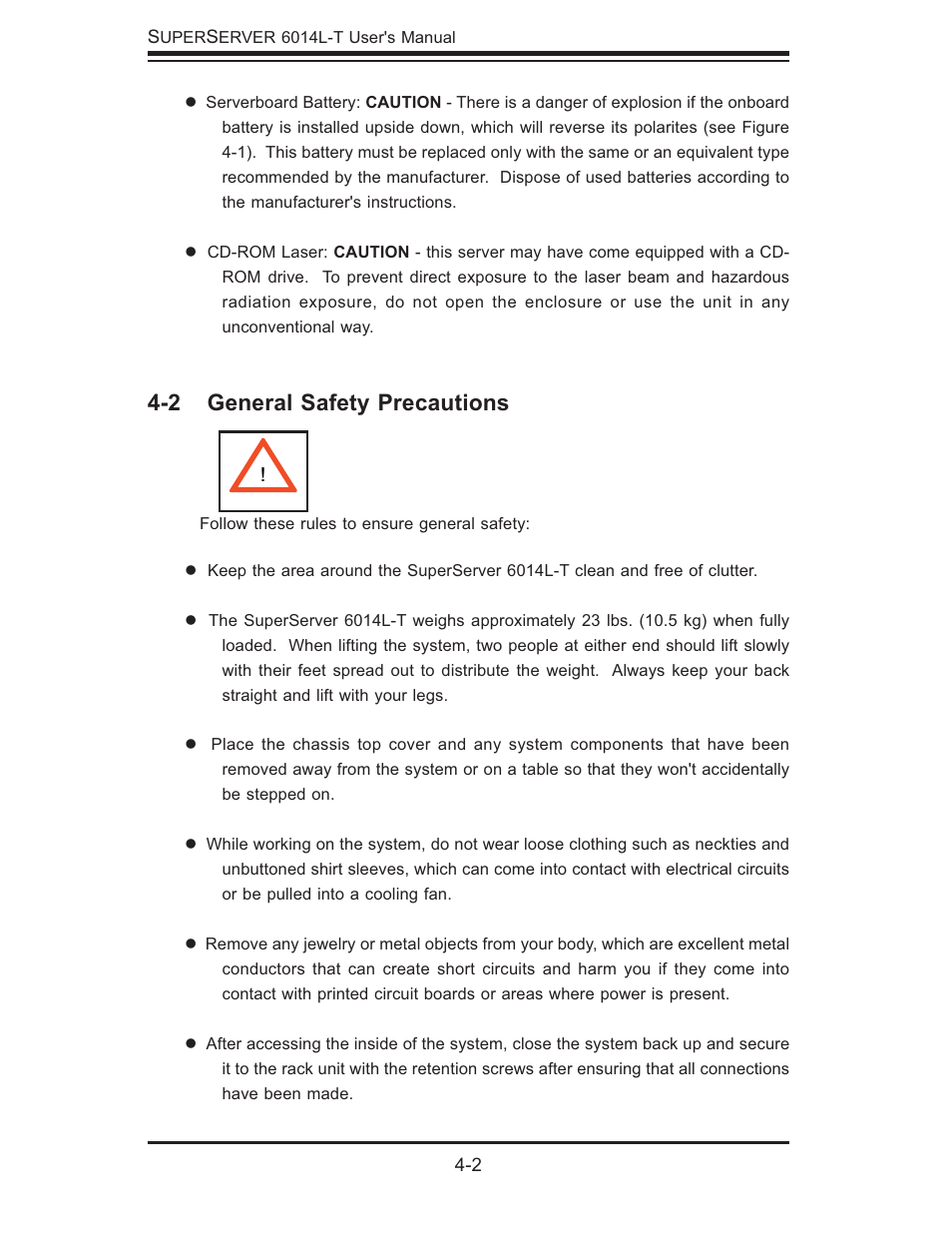 2 general safety precautions | SUPER MICRO Computer SUPERSERVER 6014L-T User Manual | Page 34 / 120