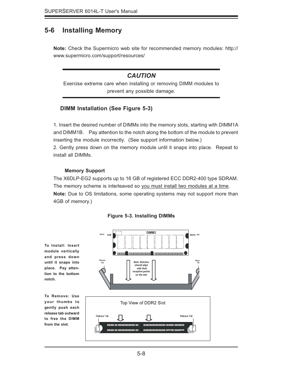 Caution, Dimm installation (see figure 5-3) | SUPER MICRO Computer SUPERSERVER 6014L-T User Manual | Page 44 / 120