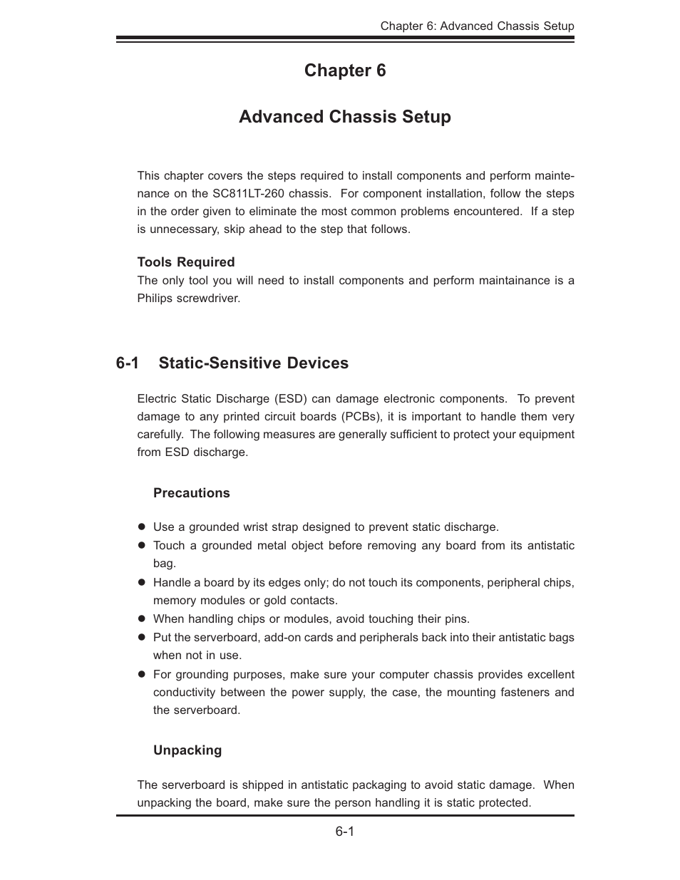 Chapter 6 advanced chassis setup, 1 static-sensitive devices | SUPER MICRO Computer SUPERSERVER 6014L-T User Manual | Page 61 / 120