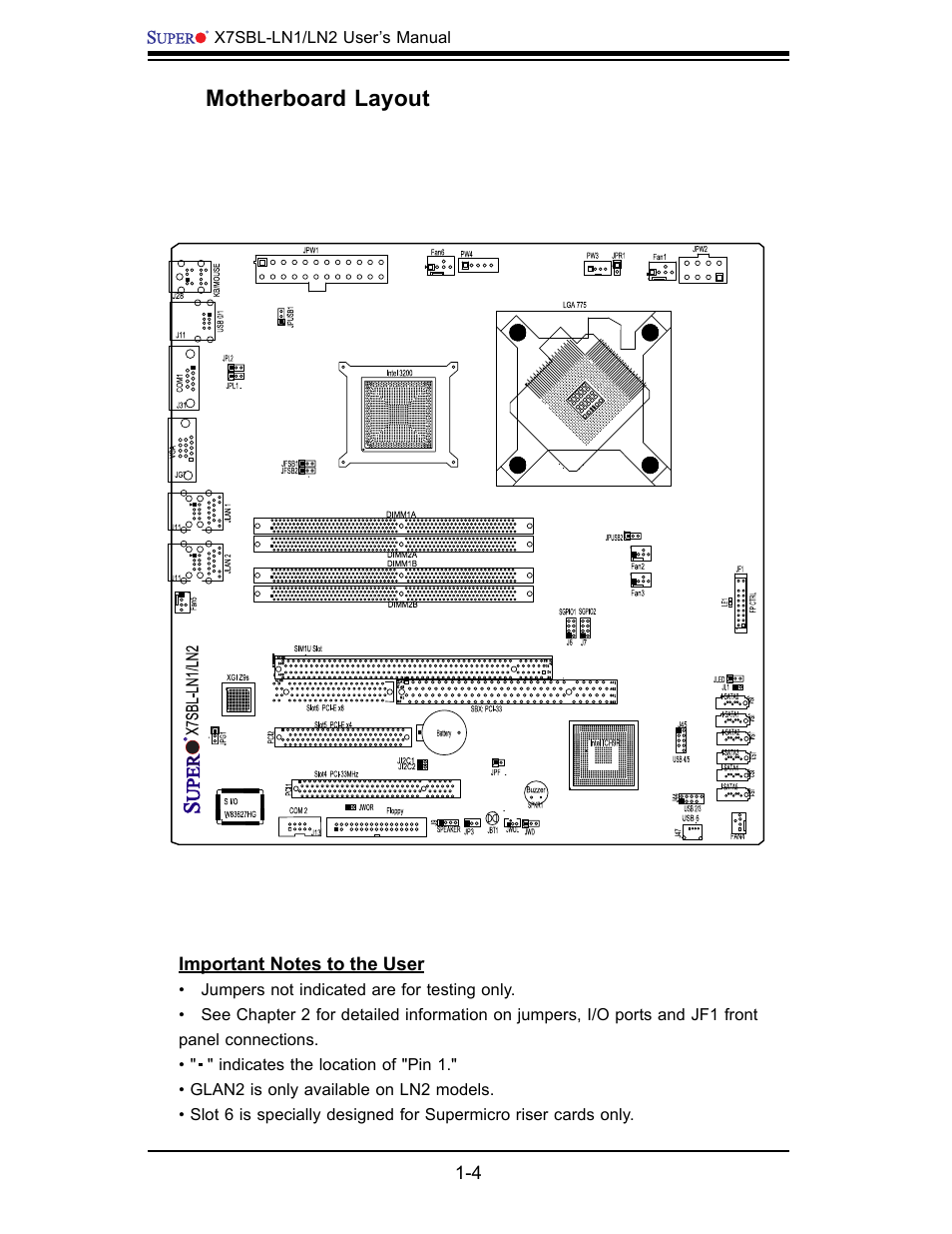 Motherboard layout | SUPER MICRO Computer X7SBL-LN1/LN2 User Manual | Page 10 / 95
