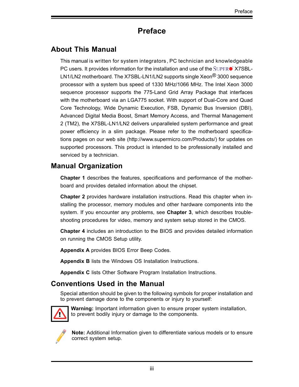 Preface, About this manual, Manual organization | Conventions used in the manual | SUPER MICRO Computer X7SBL-LN1/LN2 User Manual | Page 3 / 95