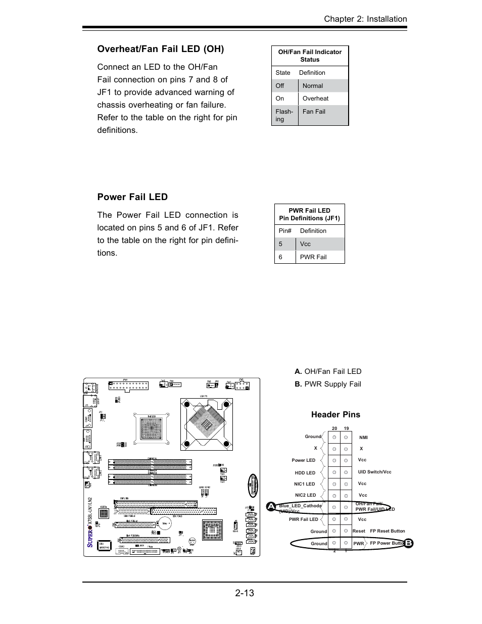 Overheat/fan fail led (oh), Power fail led, Chapter 2: installation | Header pins | SUPER MICRO Computer X7SBL-LN1/LN2 User Manual | Page 31 / 95