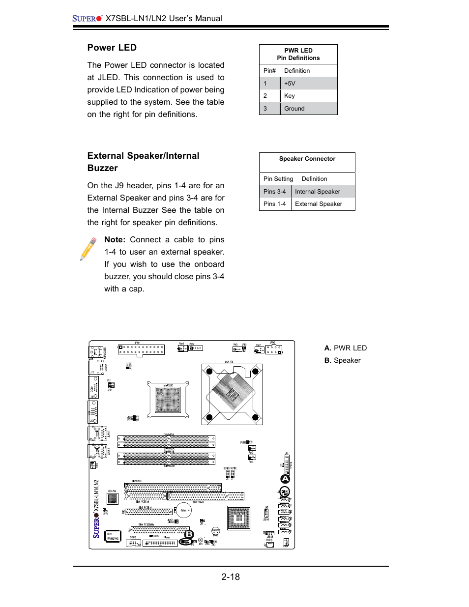 Power led, External speaker/internal buzzer | SUPER MICRO Computer X7SBL-LN1/LN2 User Manual | Page 36 / 95