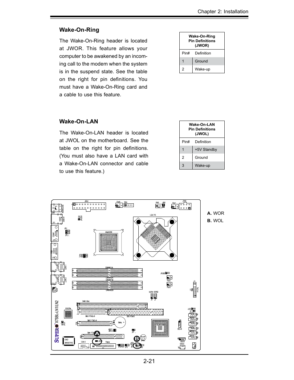 21 wake-on-ring, Wake-on-lan | SUPER MICRO Computer X7SBL-LN1/LN2 User Manual | Page 39 / 95