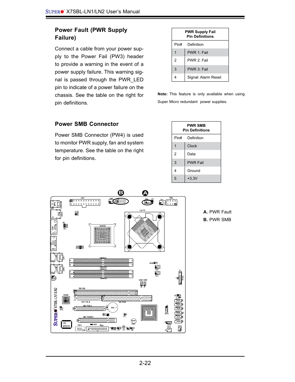 Power smb connector, Power fault (pwr supply failure) | SUPER MICRO Computer X7SBL-LN1/LN2 User Manual | Page 40 / 95