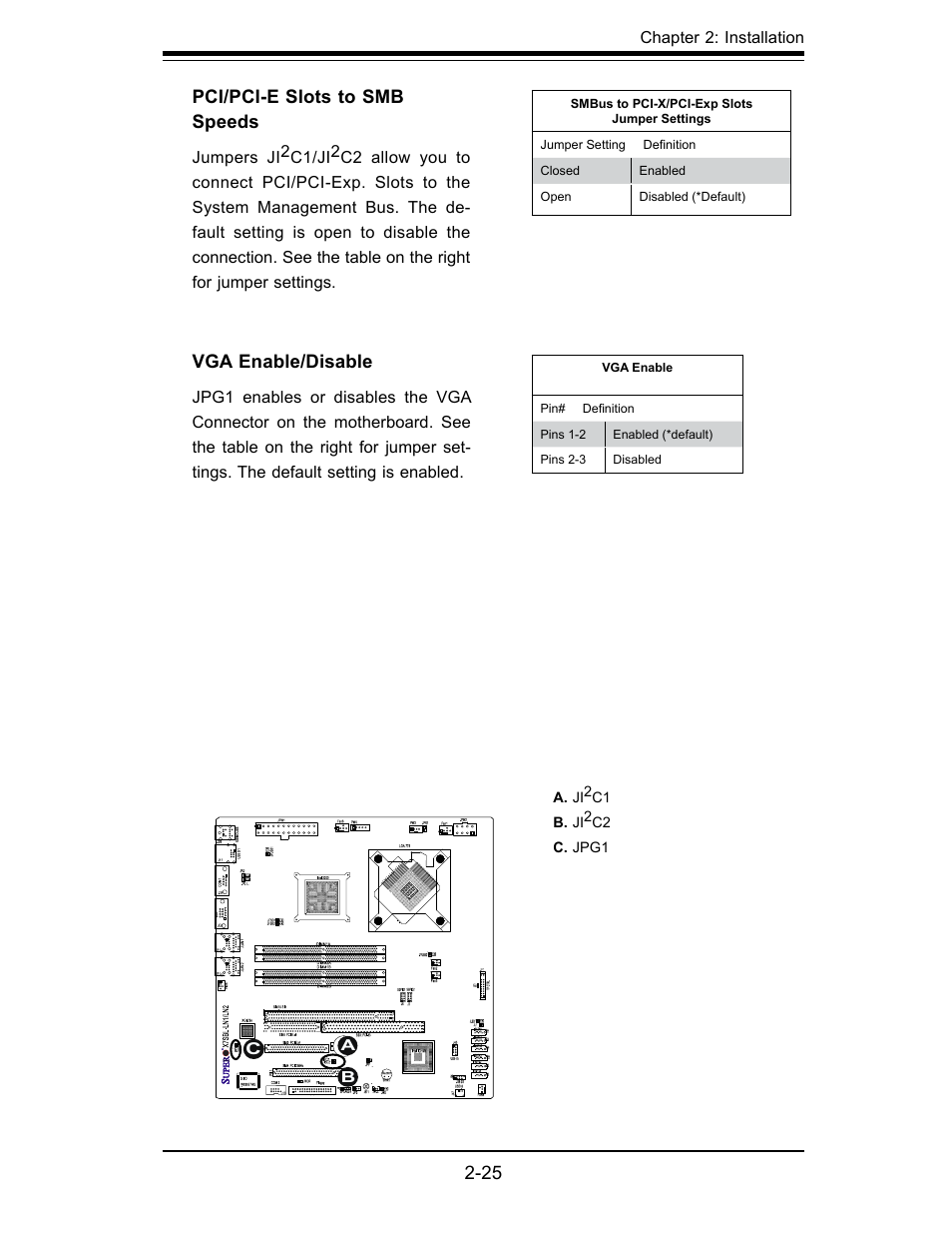 Vga enable/disable, Pci/pci-e slots to smb speeds | SUPER MICRO Computer X7SBL-LN1/LN2 User Manual | Page 43 / 95