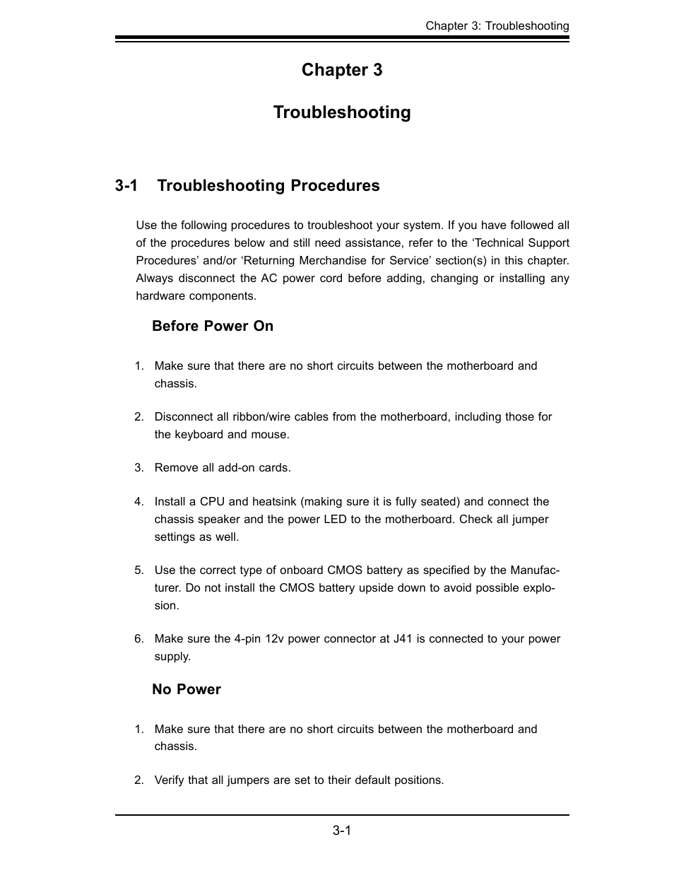 Chapter 3 troubleshooting, 1 troubleshooting procedures | SUPER MICRO Computer X7SBL-LN1/LN2 User Manual | Page 51 / 95