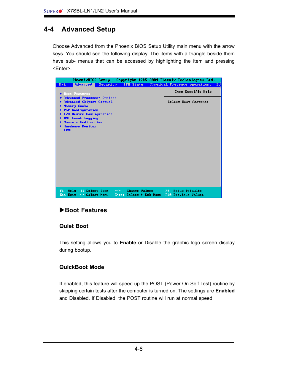 4 advanced setup | SUPER MICRO Computer X7SBL-LN1/LN2 User Manual | Page 64 / 95