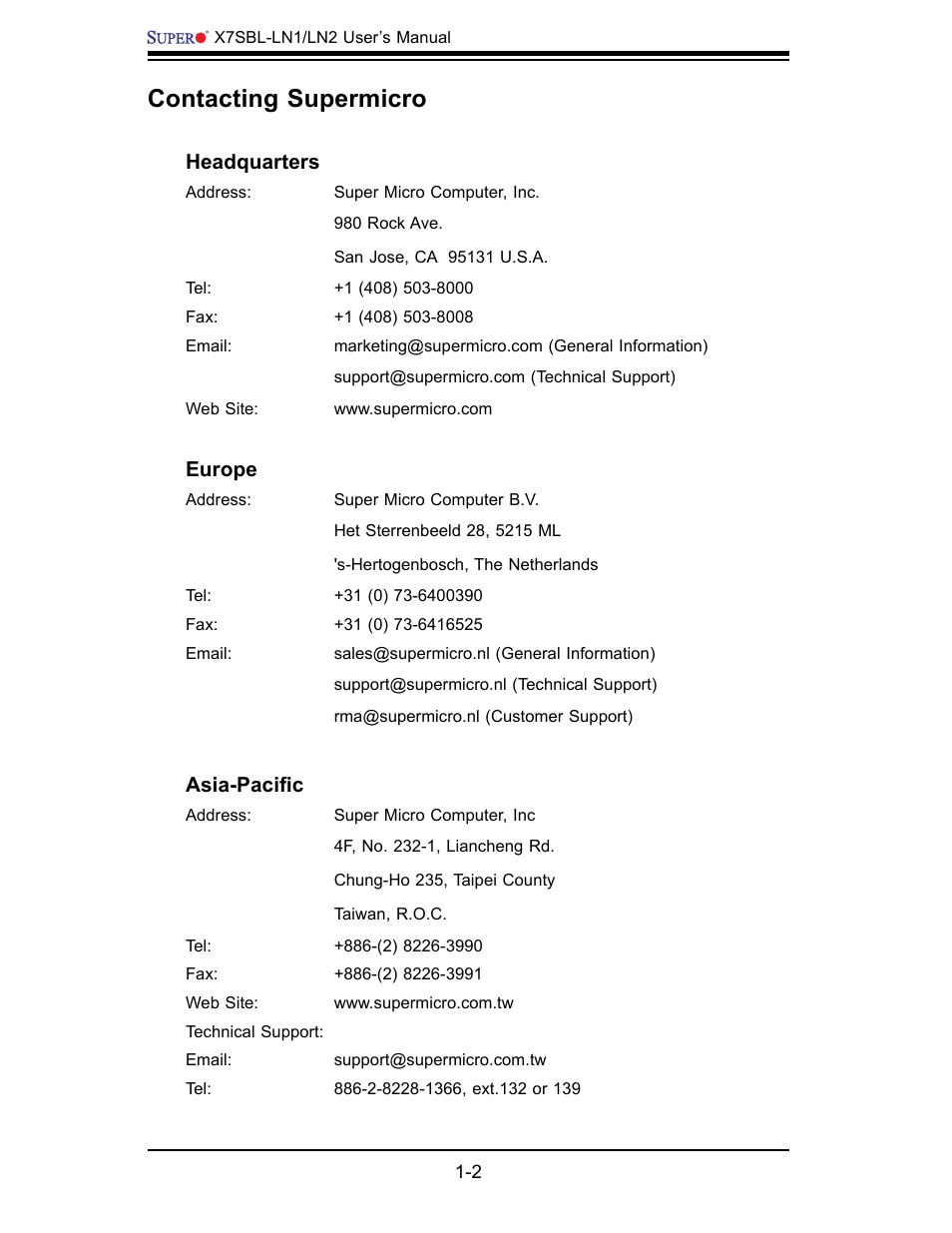 Contacting supermicro, Headquarters, Europe | Asia-pacifi c | SUPER MICRO Computer X7SBL-LN1/LN2 User Manual | Page 8 / 95