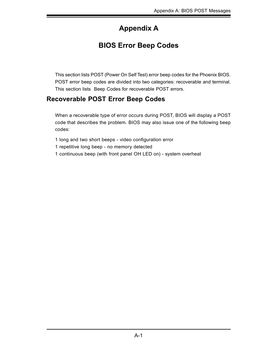 Appendix a bios error beep codes, Recoverable post error beep codes | SUPER MICRO Computer X7SBL-LN1/LN2 User Manual | Page 87 / 95