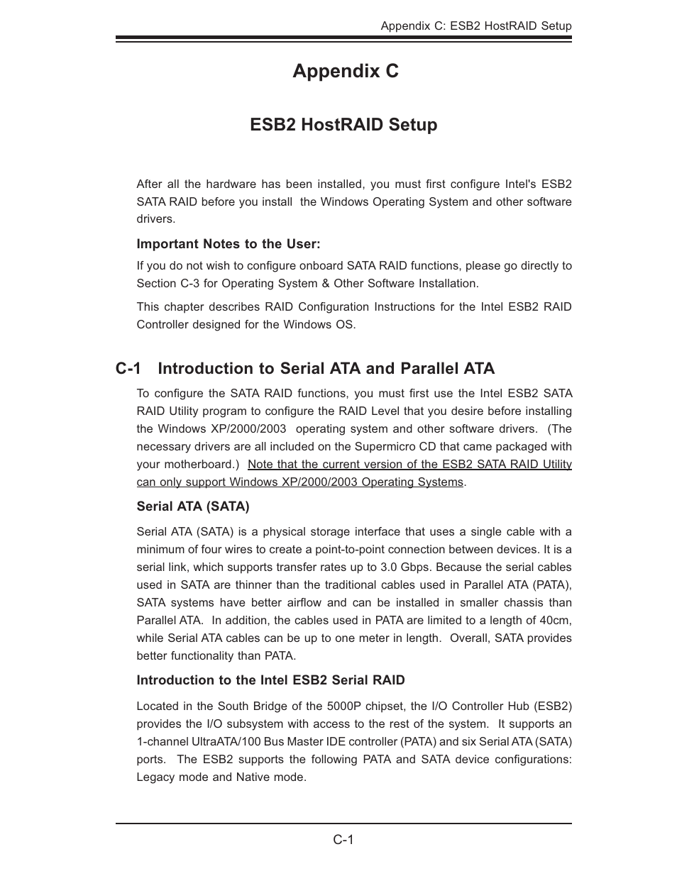 Appendix c, Esb2 hostraid setup, C-1 introduction to serial ata and parallel ata | SUPER MICRO Computer SUPERSERVER 6015B-3 User Manual | Page 107 / 144