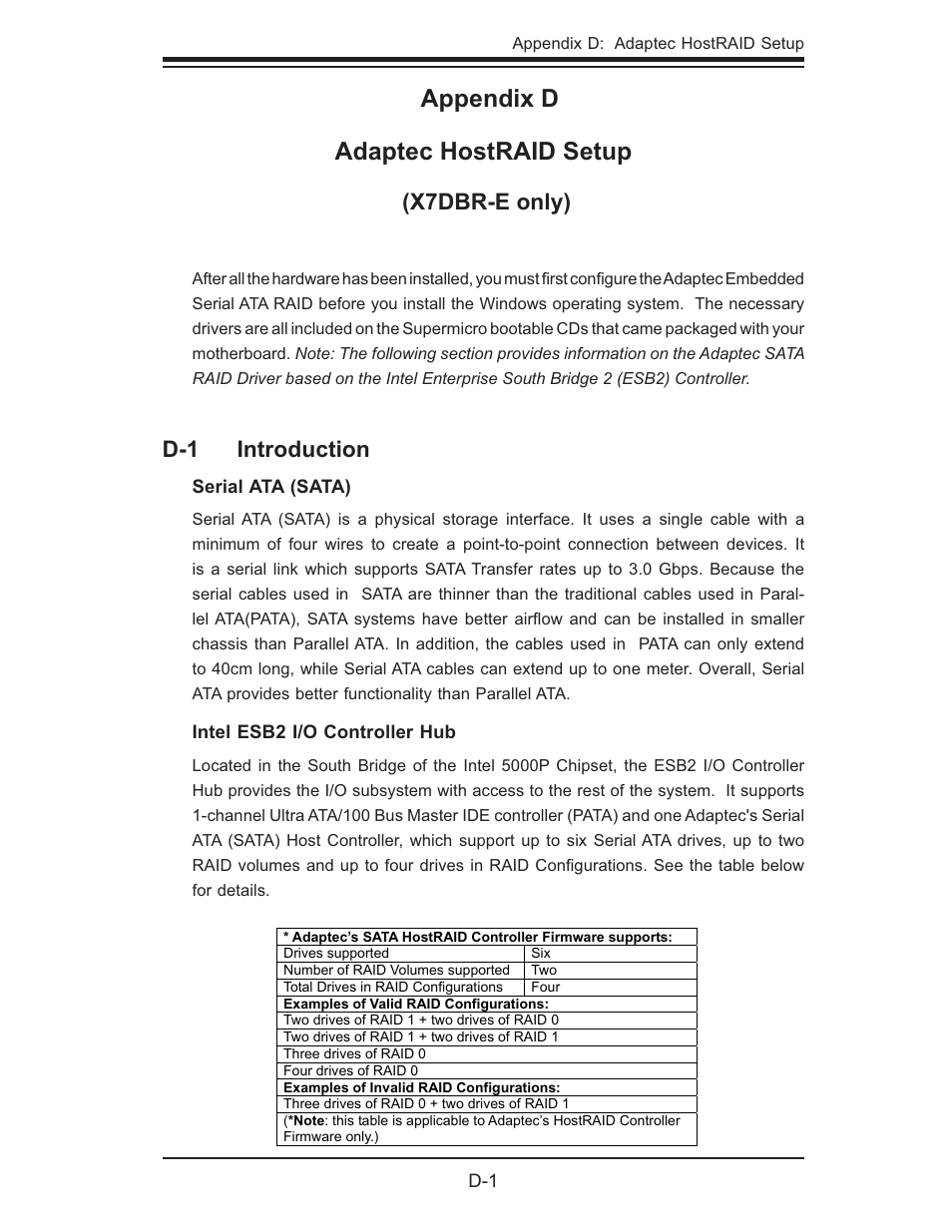 Appendix d adaptec hostraid setup, X7dbr-e only), D-1 introduction | SUPER MICRO Computer SUPERSERVER 6015B-3 User Manual | Page 117 / 144