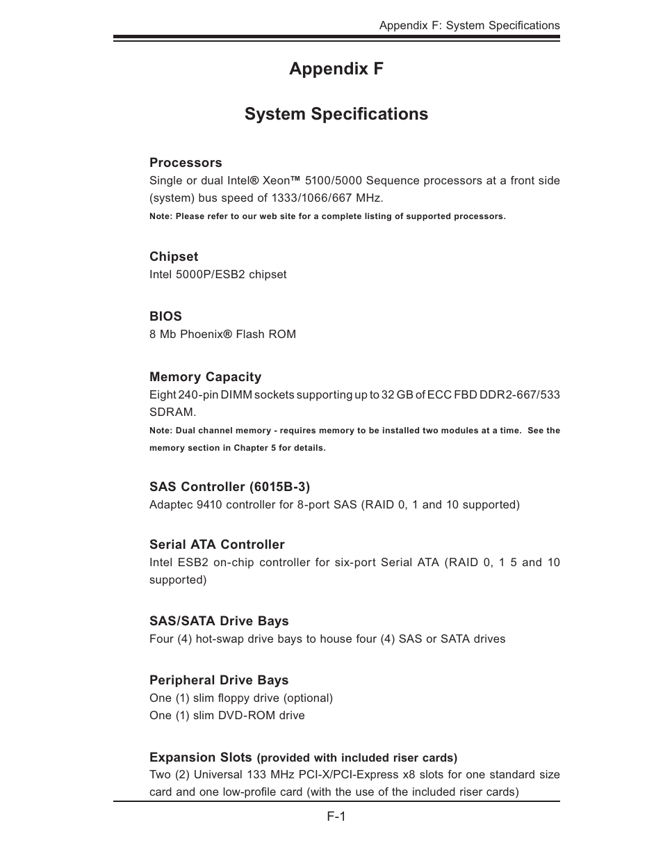Appendix f system speciﬁ cations | SUPER MICRO Computer SUPERSERVER 6015B-3 User Manual | Page 141 / 144