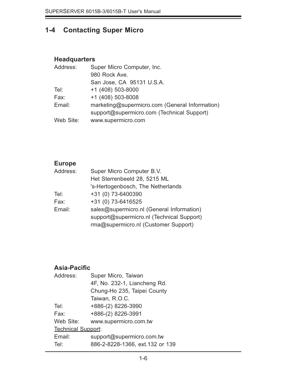 4 contacting super micro | SUPER MICRO Computer SUPERSERVER 6015B-3 User Manual | Page 16 / 144