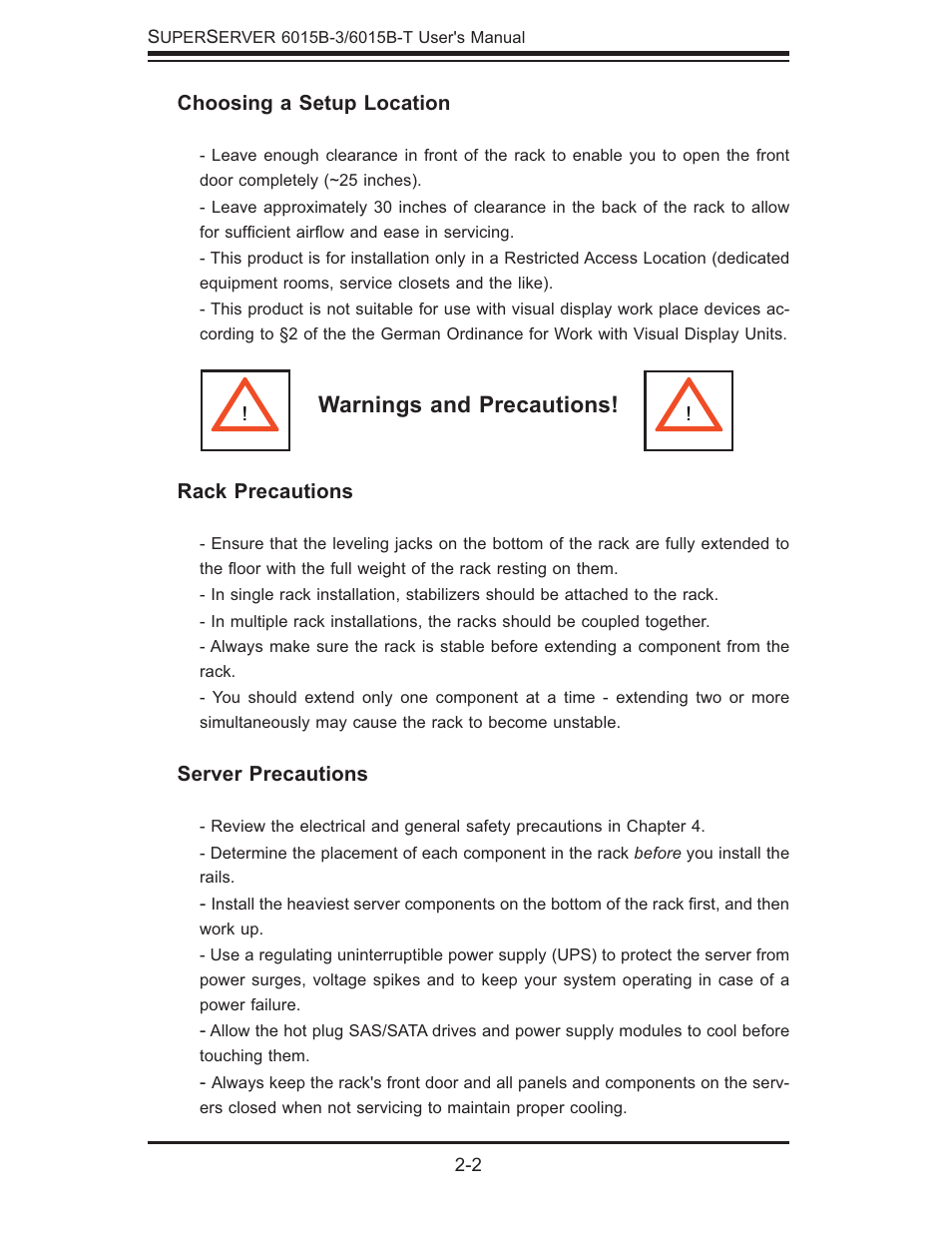Warnings and precautions | SUPER MICRO Computer SUPERSERVER 6015B-3 User Manual | Page 18 / 144