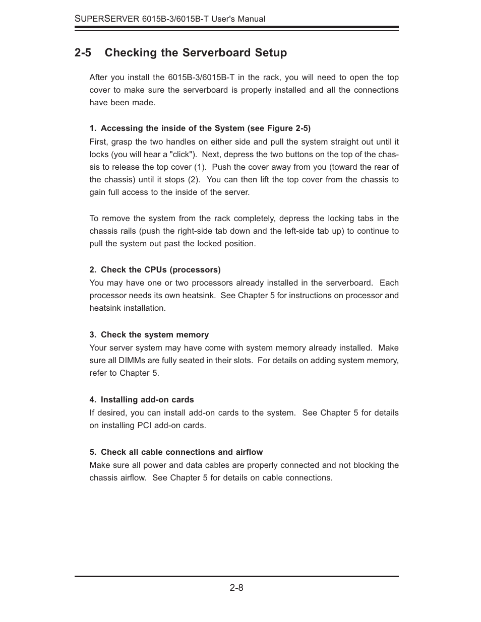 5 checking the serverboard setup | SUPER MICRO Computer SUPERSERVER 6015B-3 User Manual | Page 24 / 144