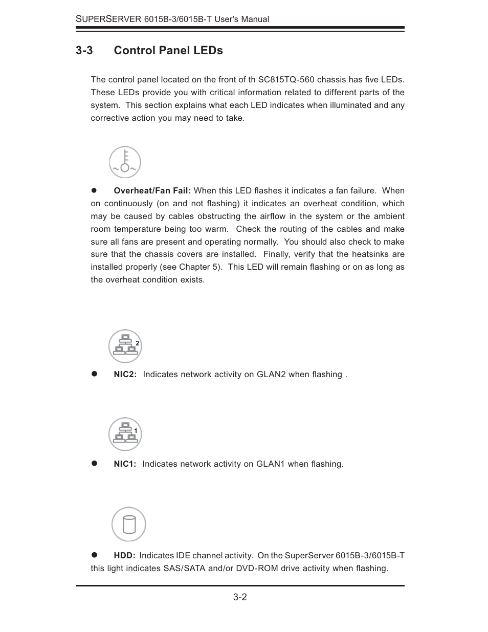 3 control panel leds | SUPER MICRO Computer SUPERSERVER 6015B-3 User Manual | Page 28 / 144